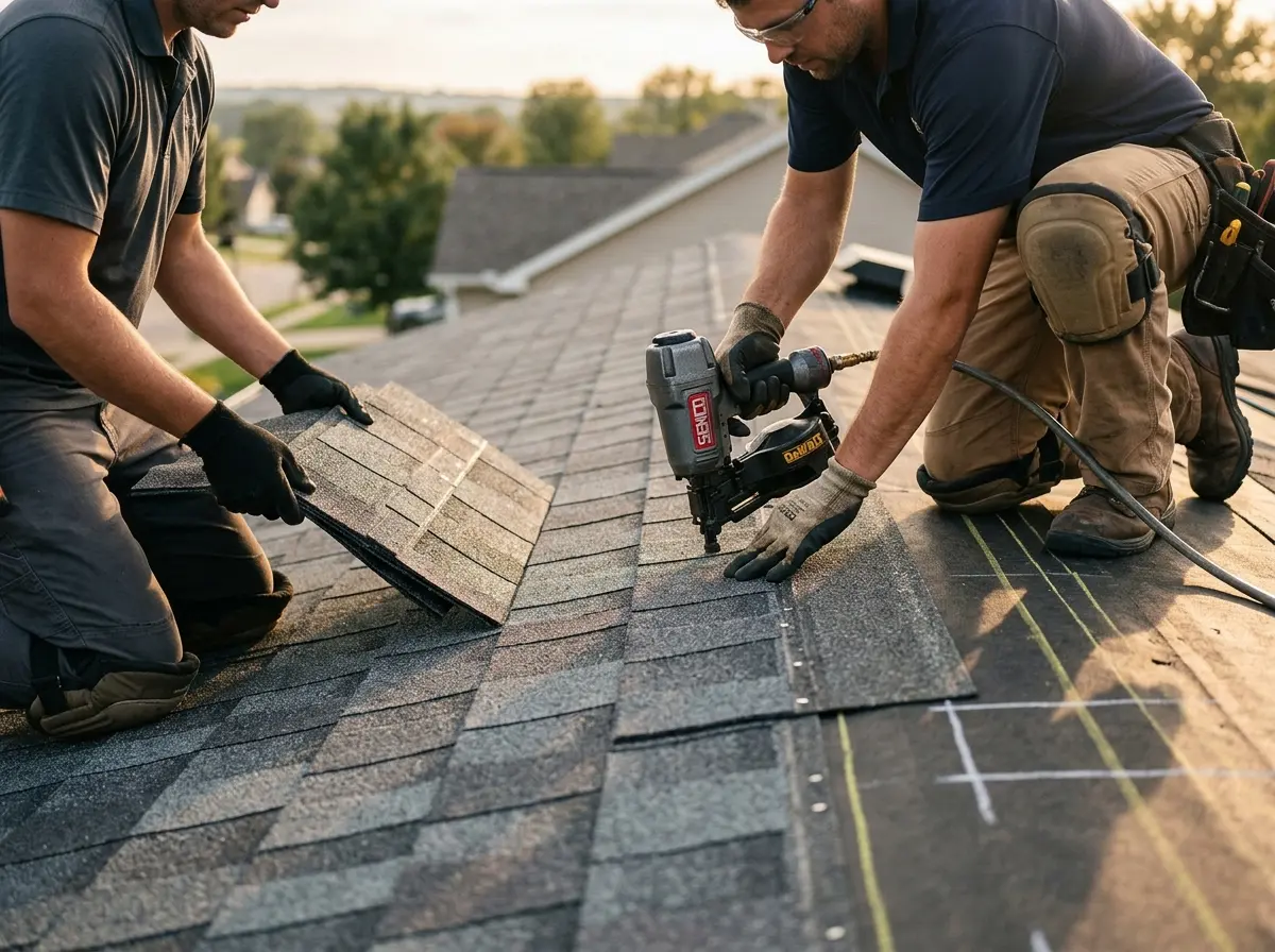 Professional roofer working on a residential roof in Guntersville